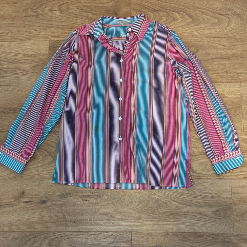 Foxcroft Pink and Blue Striped Women's Button Down Shirt Size 6